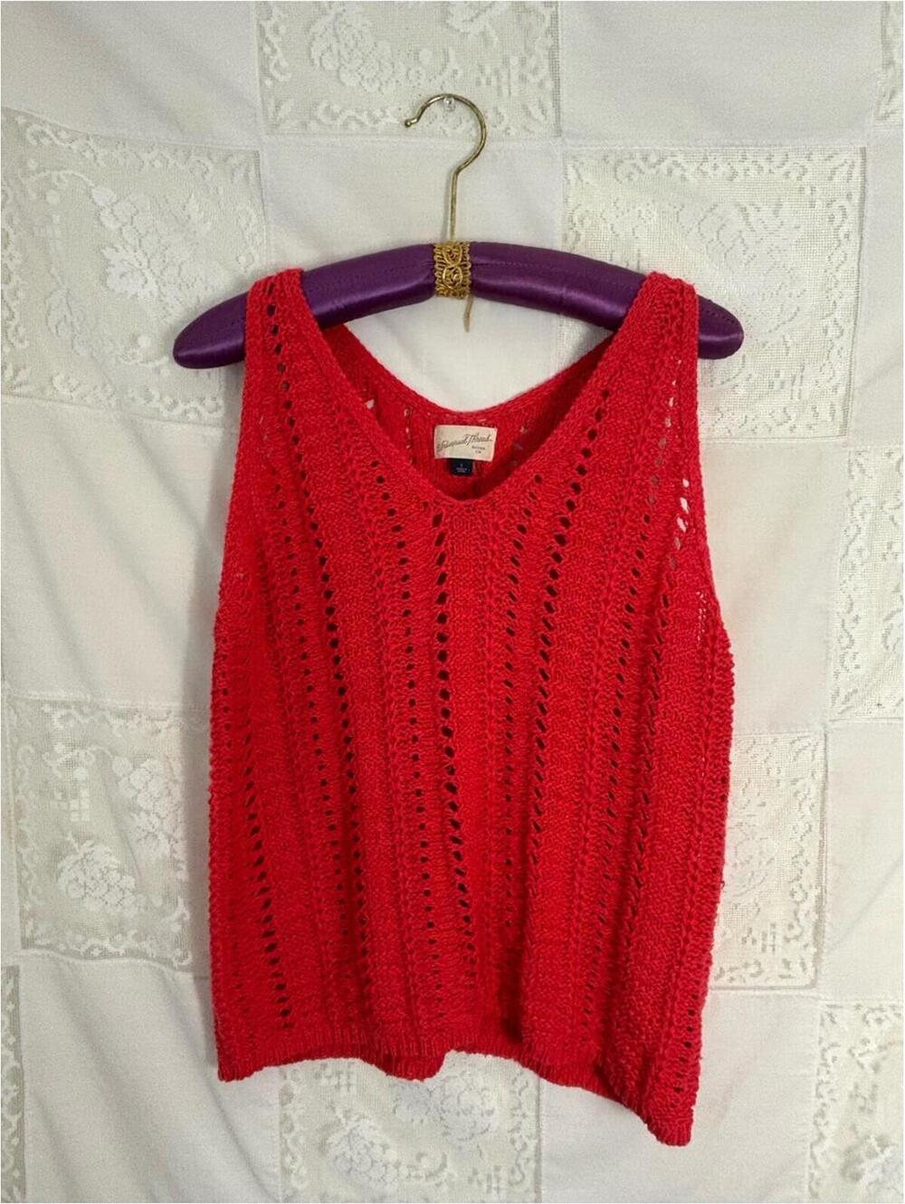 Coral Red Open Knit Sleeveless V Neck Boho Cottage Beach Vacation Top Size L